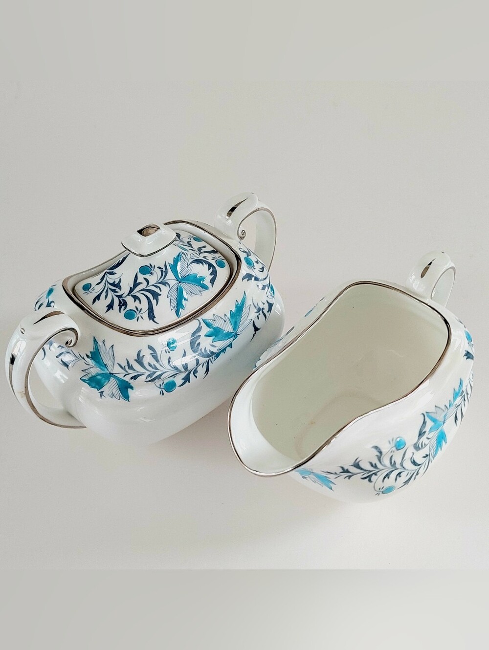 Grosvenor England Debutante Blue Floral Bone China Cream & Sugar Set